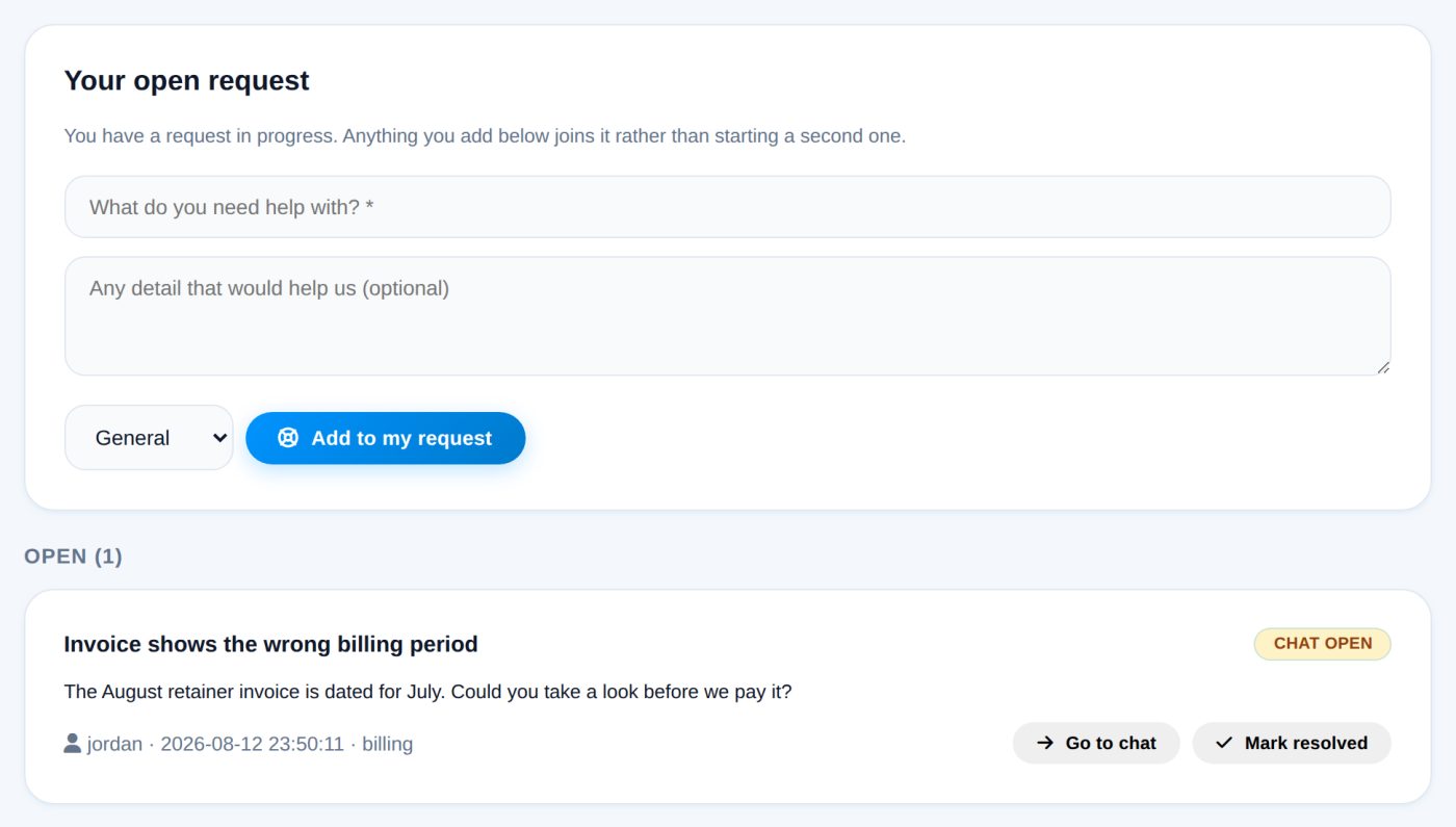 A client’s view of their support request, showing the chat has been opened