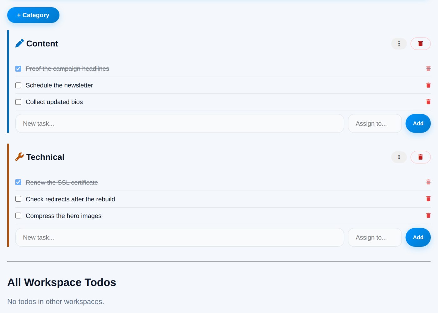 Todo lists grouped into user-defined categories